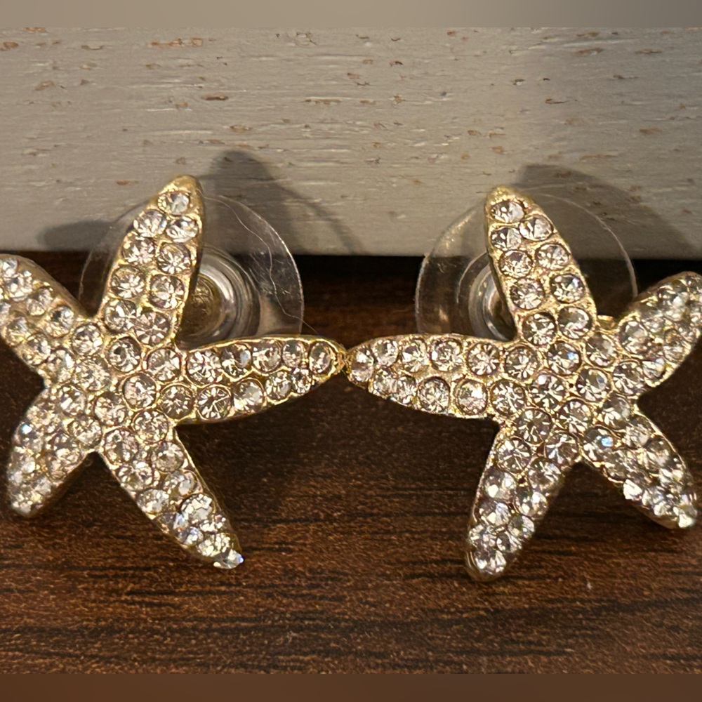 Gold Starfish Crystal Pierced Earrings 1.5 inches